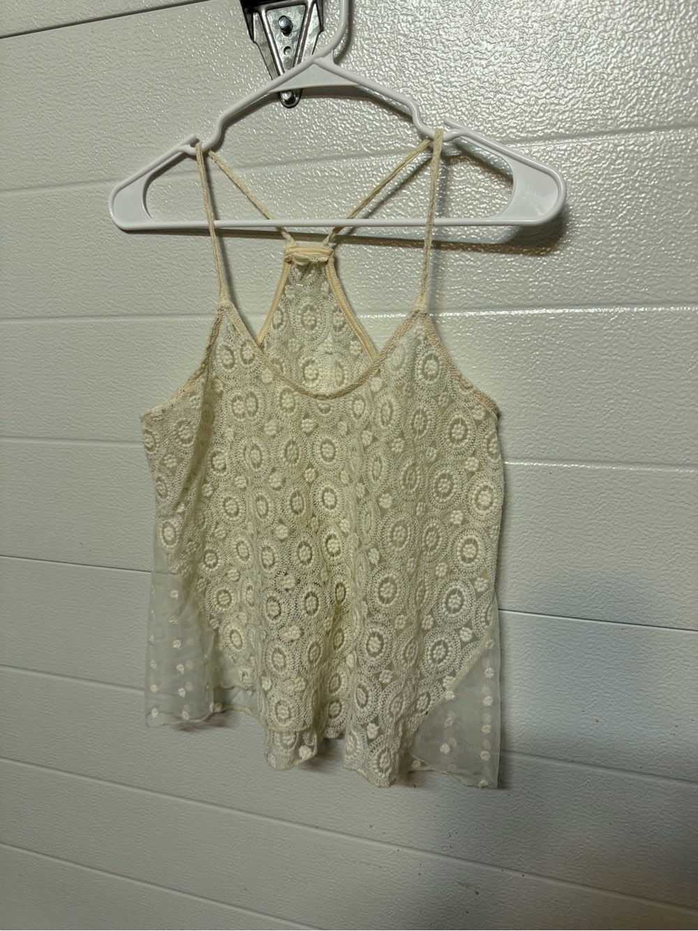 Lace Crochet Cream Camisole with Sheer Polka-Dot Panels